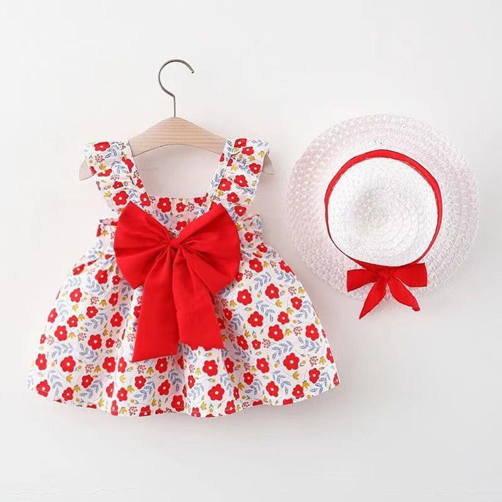 Princess Beach Dress Girl Clothes Summer Baby Dresses Toddler Clothing Set Bow Sleeveless Infant Dresses+Sunhat