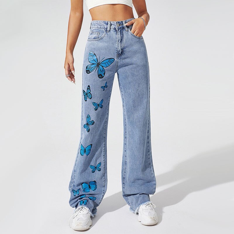 Womens Jeans High Waist Straight Baggy Denim Pants Butterfly Print 2023 Spring Autumn Fashion Streetwear Wide Leg Denim Trouser